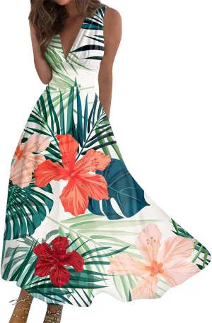 Beach Dresses for Women Deep V Neck Sleeveless Elegant Long Dress Casual Floral Swing Dresses Maxi Cute Sexy Dress