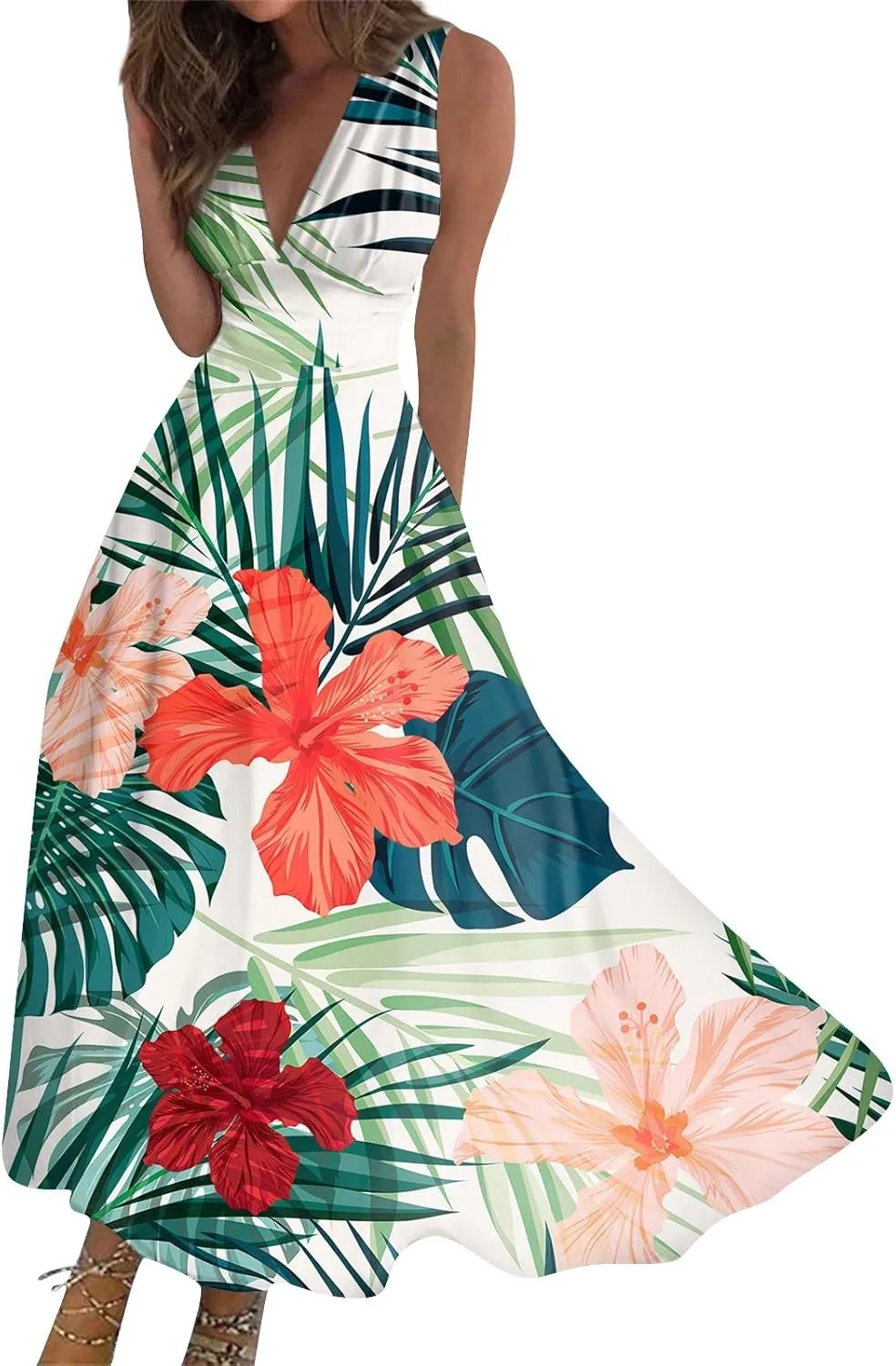 Beach Dresses for Women Deep V Neck Sleeveless Elegant Long Dress Casual Floral Swing Dresses Maxi Cute Sexy Dress