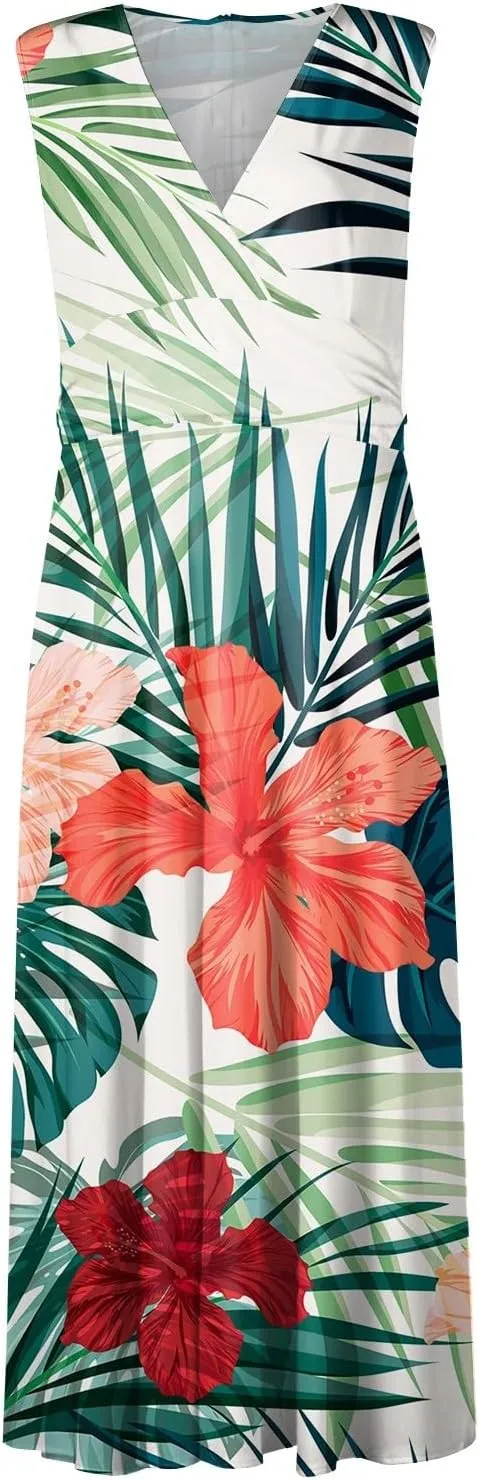 Beach Dresses for Women Deep V Neck Sleeveless Elegant Long Dress Casual Floral Swing Dresses Maxi Cute Sexy Dress