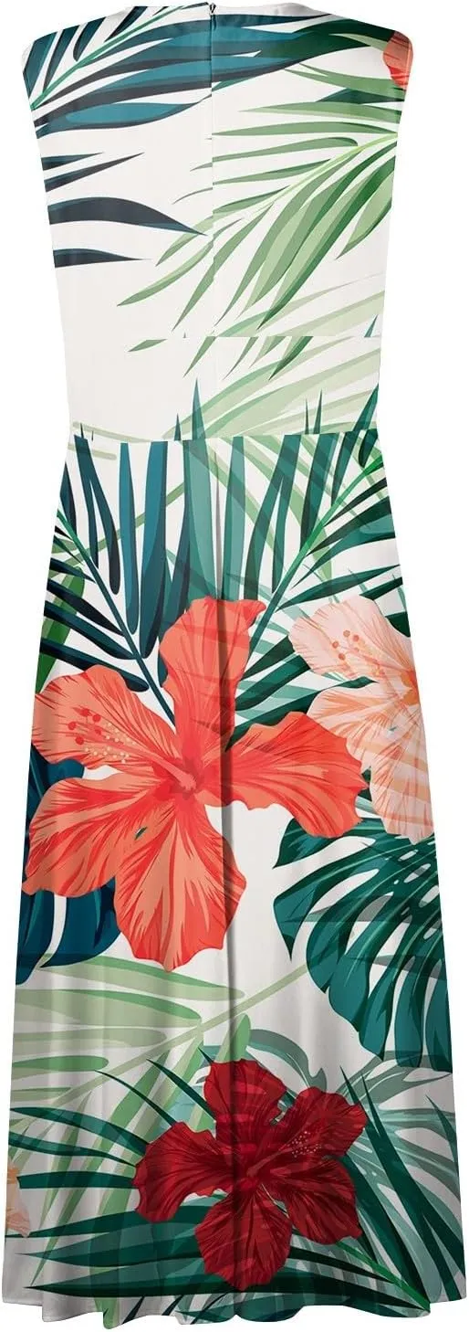 Beach Dresses for Women Deep V Neck Sleeveless Elegant Long Dress Casual Floral Swing Dresses Maxi Cute Sexy Dress