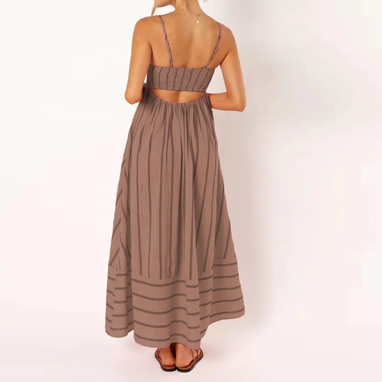 Beach Dresses for Women Summer Striped Back Smocked Maxi Dress Spaghetti Strap Cut Out Flowy A Line Long Sundresses