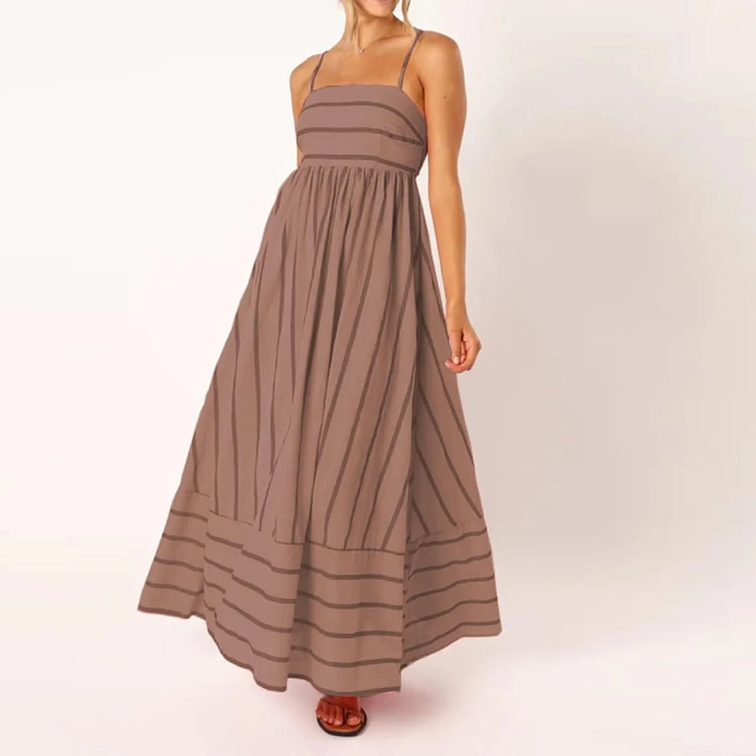 Beach Dresses for Women Summer Striped Back Smocked Maxi Dress Spaghetti Strap Cut Out Flowy A Line Long Sundresses