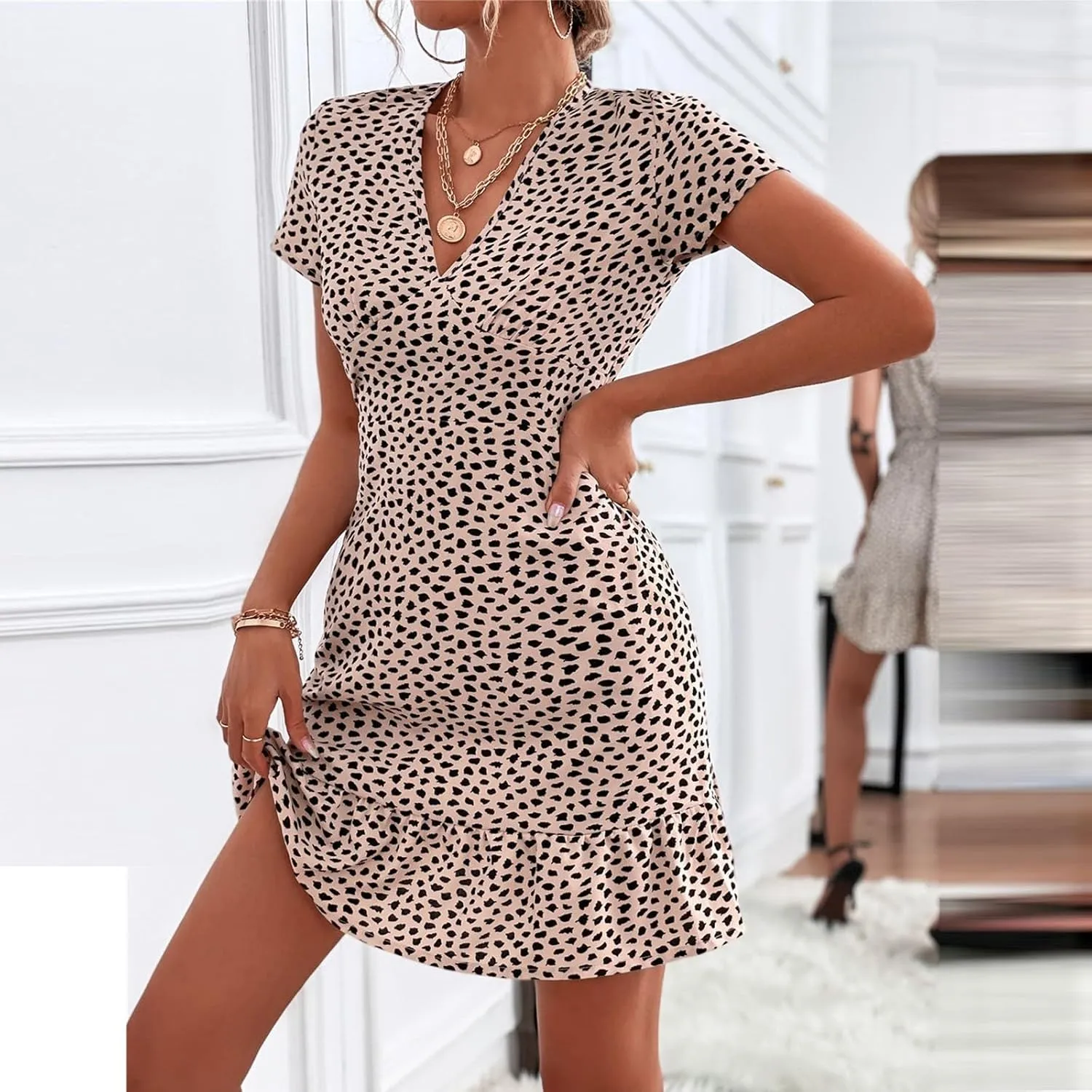 Beach Dresses for Women,2024 Summer Trendy Floral Hawaiian Dress,Elegant V Neck Short Sleeve Flowy Boho Midi Dress