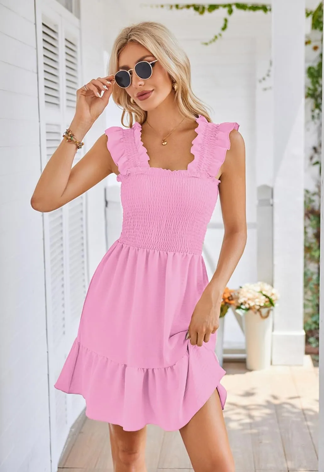 Beautiful Nomad Women's Summer Square Neck Smocked Ruffle Backless Dress Casual Boho Mini Short Dresses