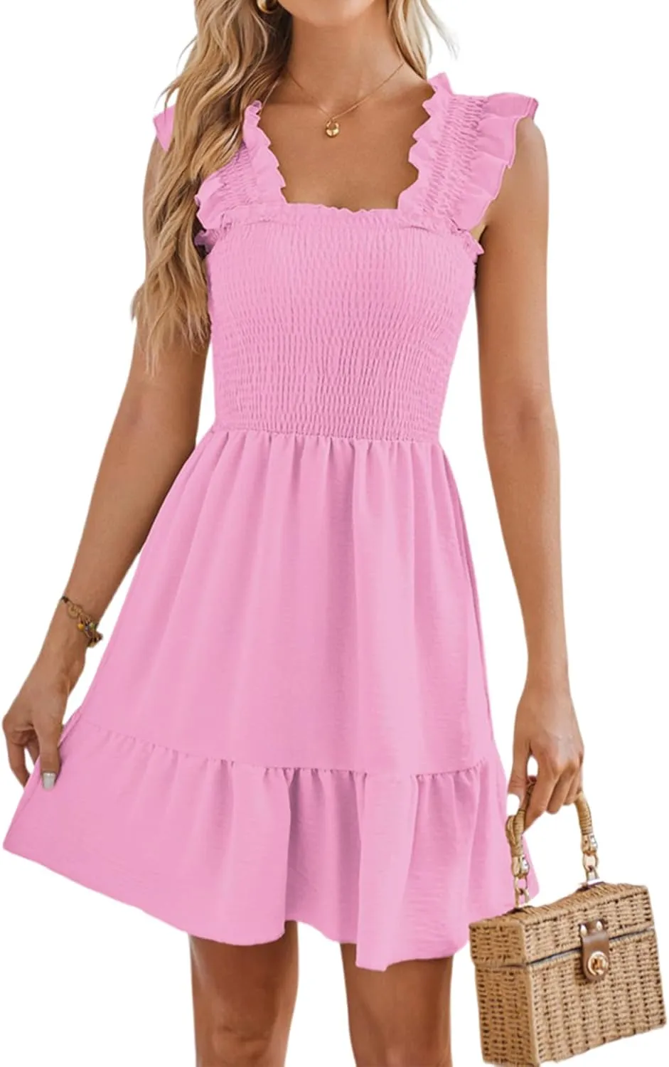 Beautiful Nomad Women's Summer Square Neck Smocked Ruffle Backless Dress Casual Boho Mini Short Dresses