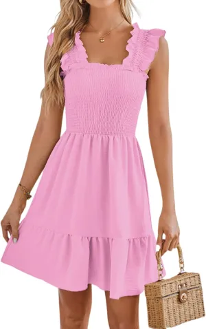Beautiful Nomad Women's Summer Square Neck Smocked Ruffle Backless Dress Casual Boho Mini Short Dresses