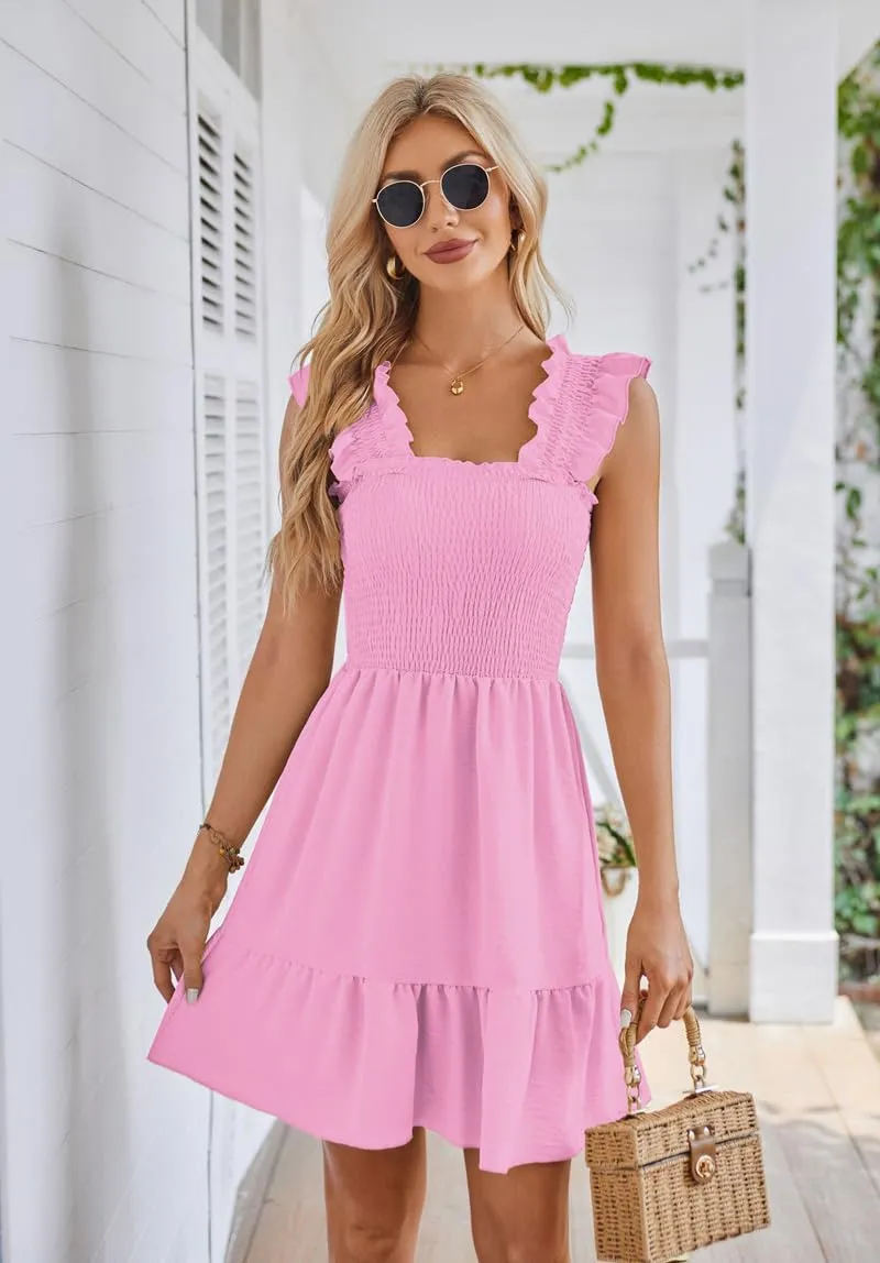 Beautiful Nomad Women's Summer Square Neck Smocked Ruffle Backless Dress Casual Boho Mini Short Dresses