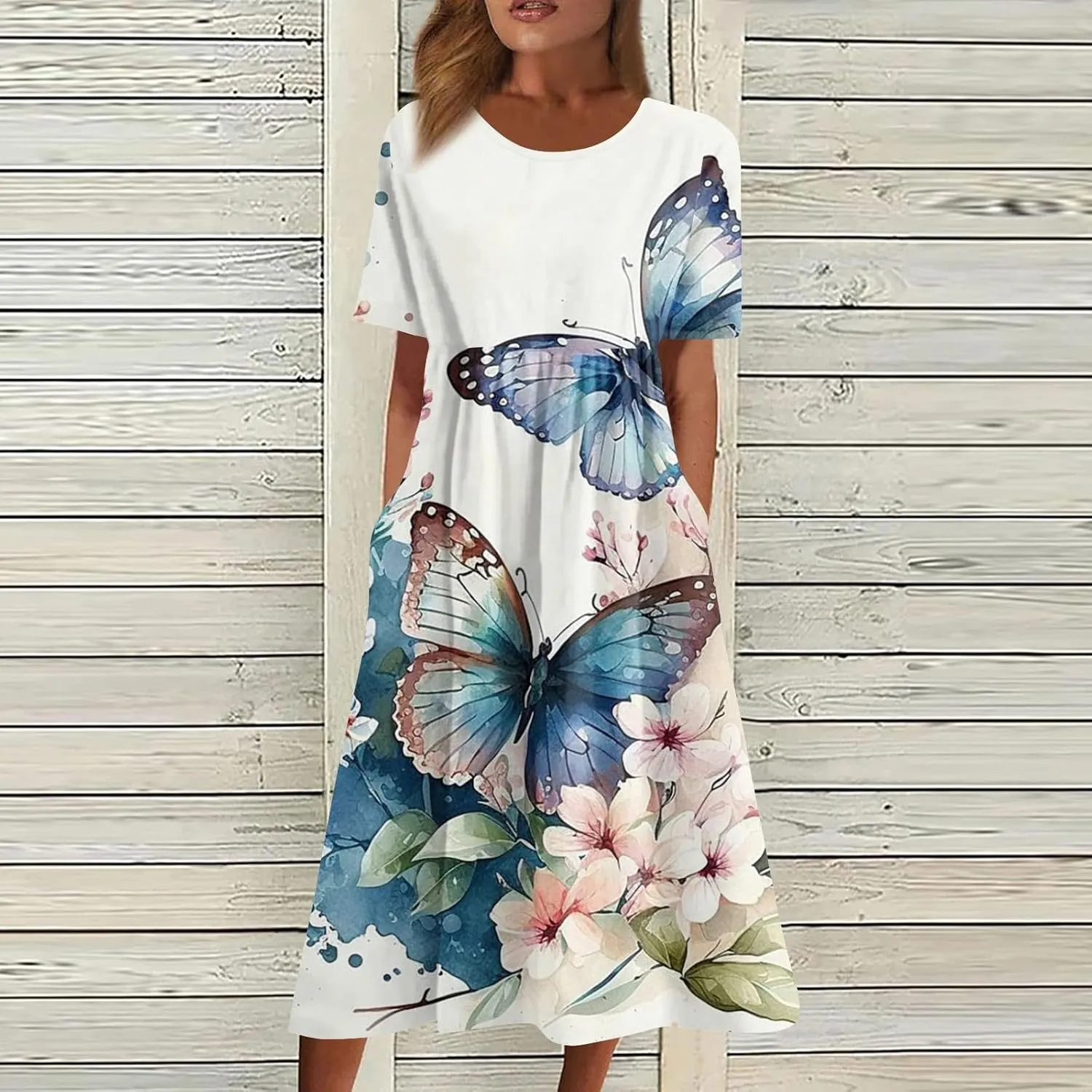 Below The Knee Short Sleeve Cover Up Ladies Dressy Classic Summer Super Soft Graphic Cotton Dress for Women.