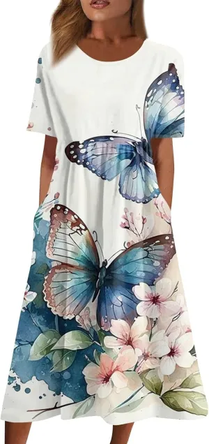 Below The Knee Short Sleeve Cover Up Ladies Dressy Classic Summer Super Soft Graphic Cotton Dress for Women.
