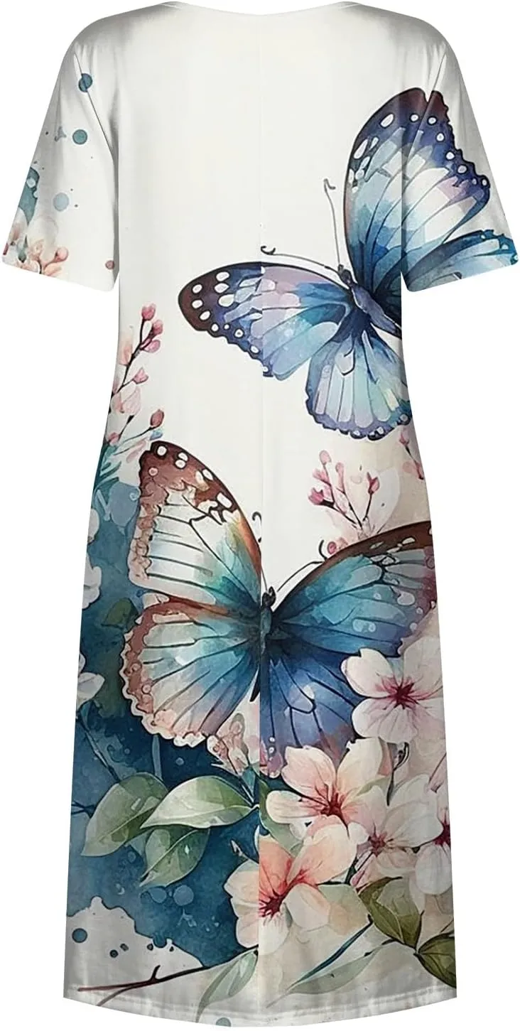 Below The Knee Short Sleeve Cover Up Ladies Dressy Classic Summer Super Soft Graphic Cotton Dress for Women.