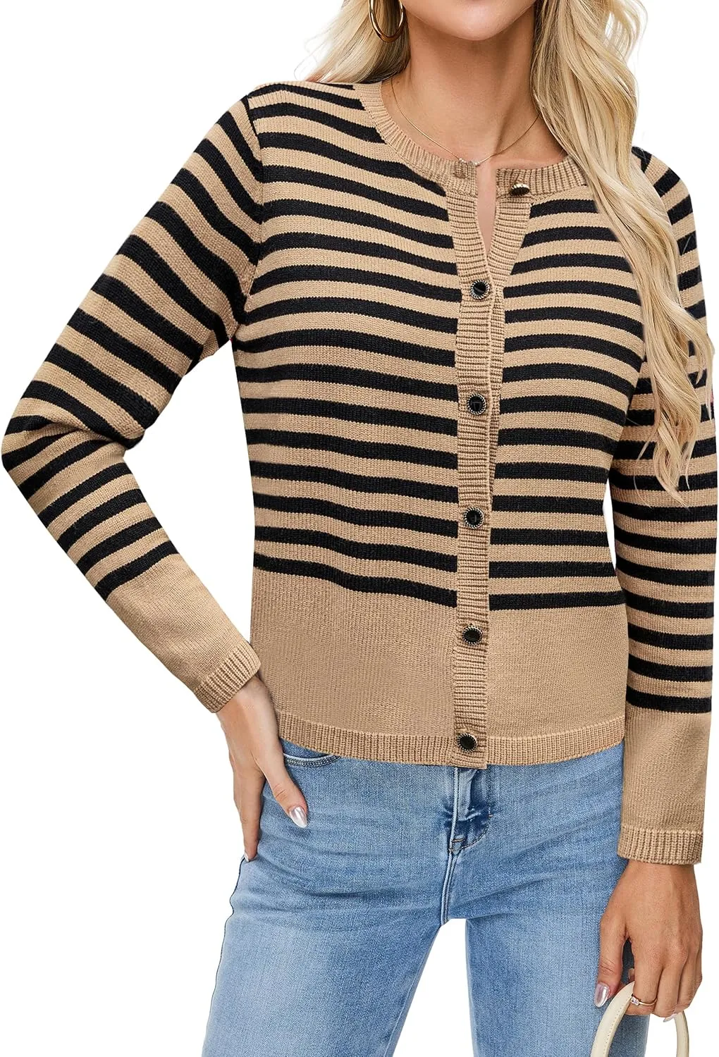 BMJL Women's Striped Cardigan Sweaters Lightweight Cropped Long Sleeve Tops Button Down 2024 Fall Outfits Trendy