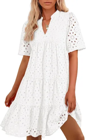 BTFBM Womens Boho Summer Dresses 2025 Resort V Neck Short Sleeve Hollow Out Lace Ruffle Casual Beach Mini Vacation Dress