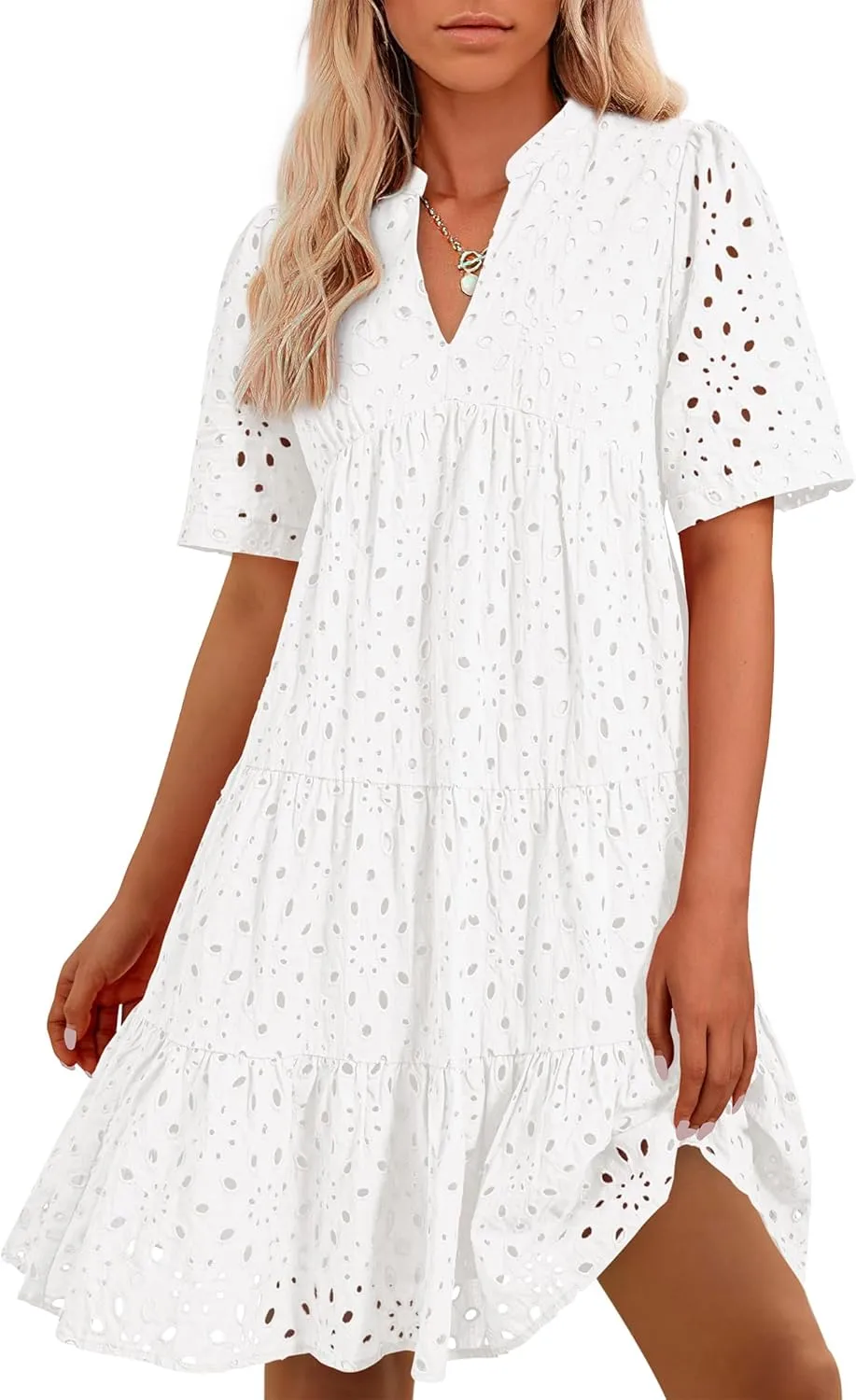 BTFBM Womens Boho Summer Dresses 2025 Resort V Neck Short Sleeve Hollow Out Lace Ruffle Casual Beach Mini Vacation Dress