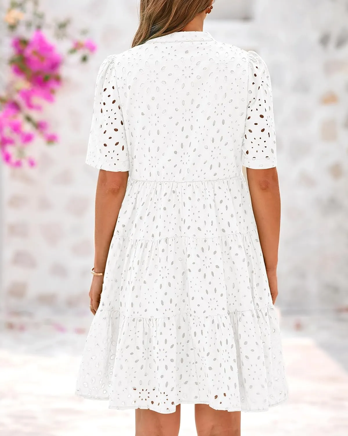 BTFBM Womens Boho Summer Dresses 2025 Resort V Neck Short Sleeve Hollow Out Lace Ruffle Casual Beach Mini Vacation Dress