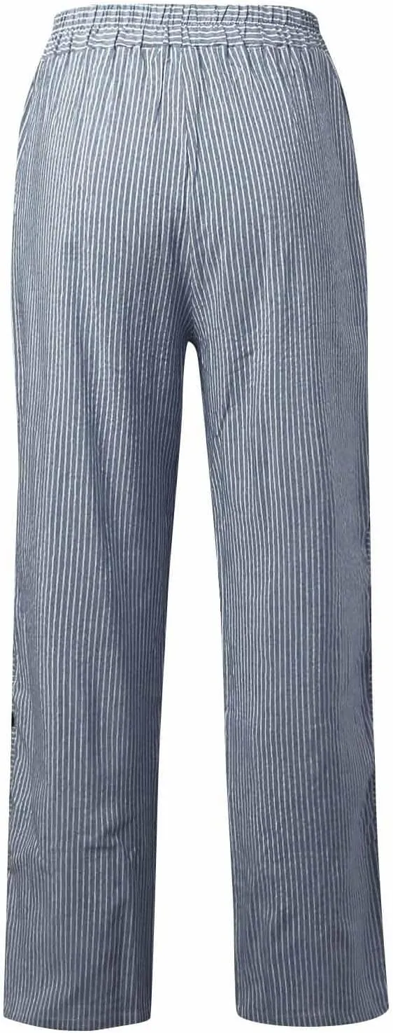 Button Striped Linen Pants Women Elastic High Waist Wide Leg Pants Summer Lightweight Beach Lounge Trousers w/Pockets