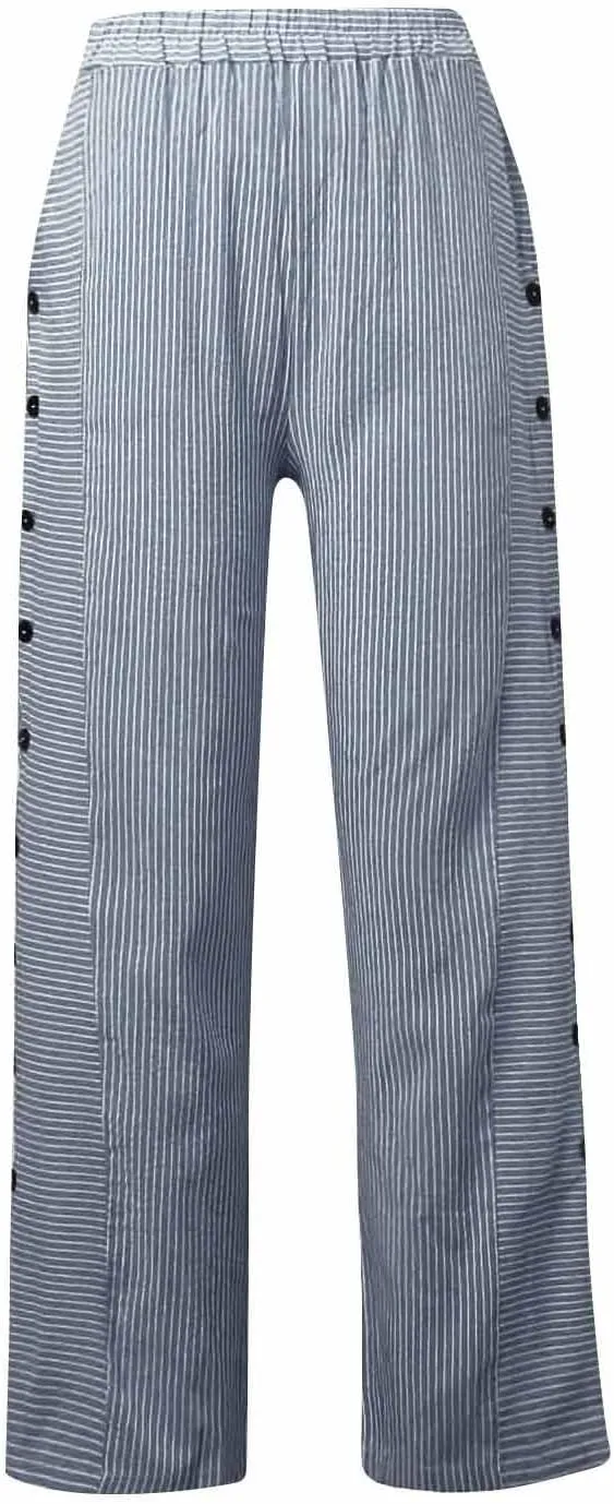 Button Striped Linen Pants Women Elastic High Waist Wide Leg Pants Summer Lightweight Beach Lounge Trousers w/Pockets