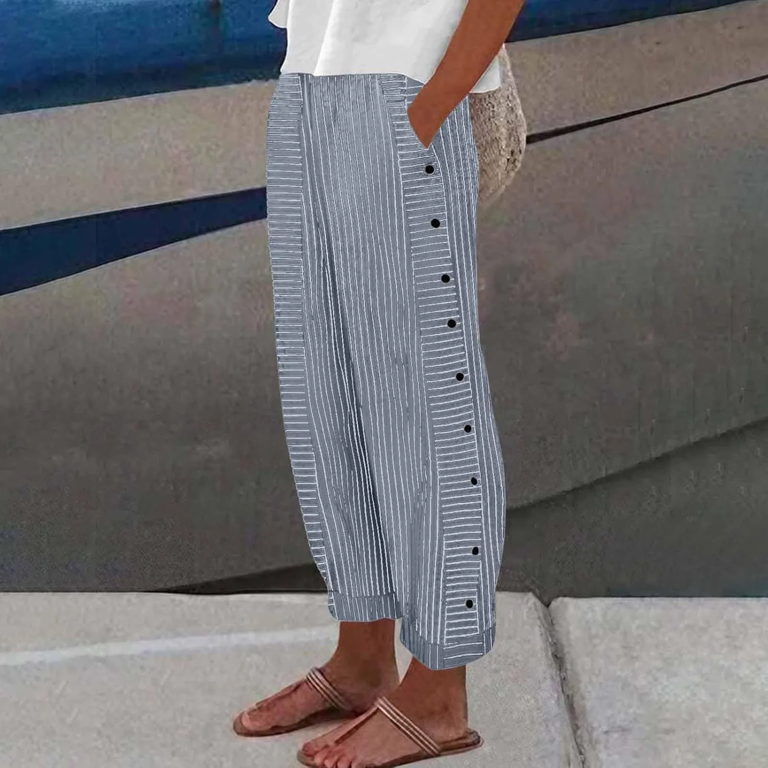 Button Striped Linen Pants Women Elastic High Waist Wide Leg Pants Summer Lightweight Beach Lounge Trousers w/Pockets