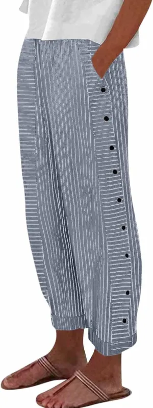 Button Striped Linen Pants Women Elastic High Waist Wide Leg Pants Summer Lightweight Beach Lounge Trousers w/Pockets