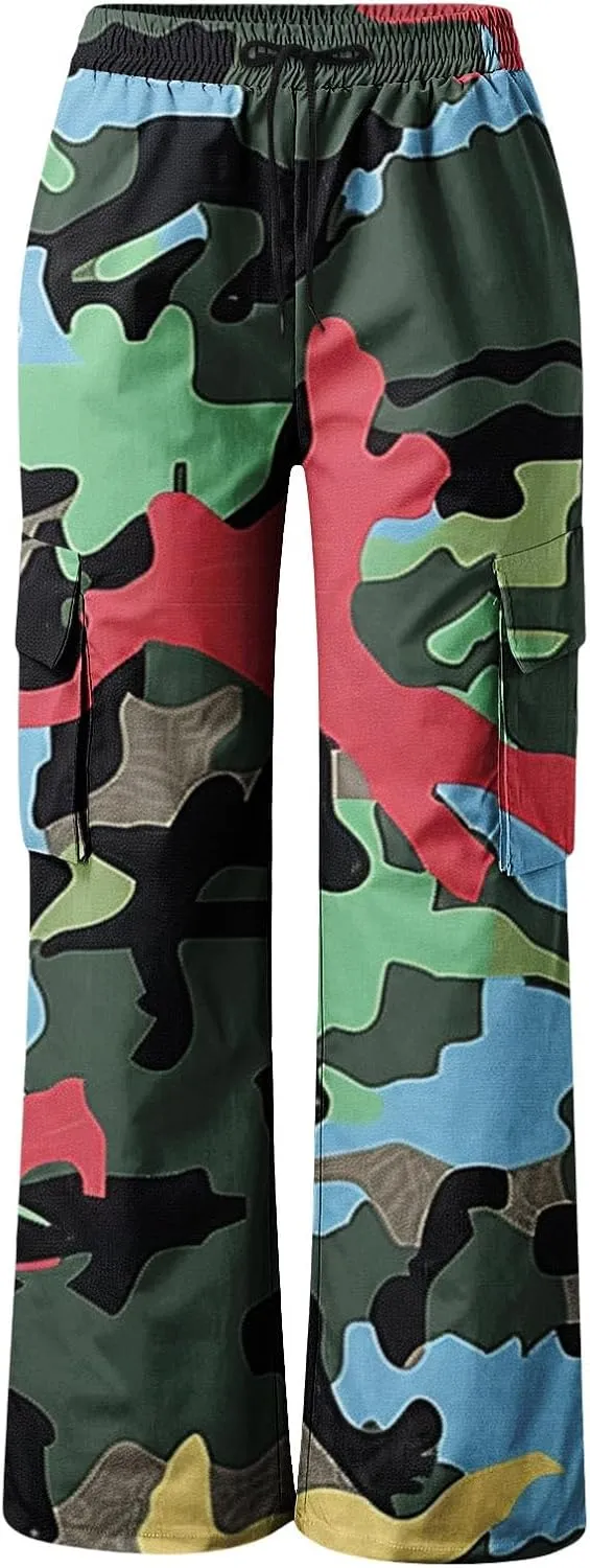 Camo Cargo Pants for Women Casual Drawstring High Waist Parachute Pants Baggy Wide Leg Hiking Pants with Pockets