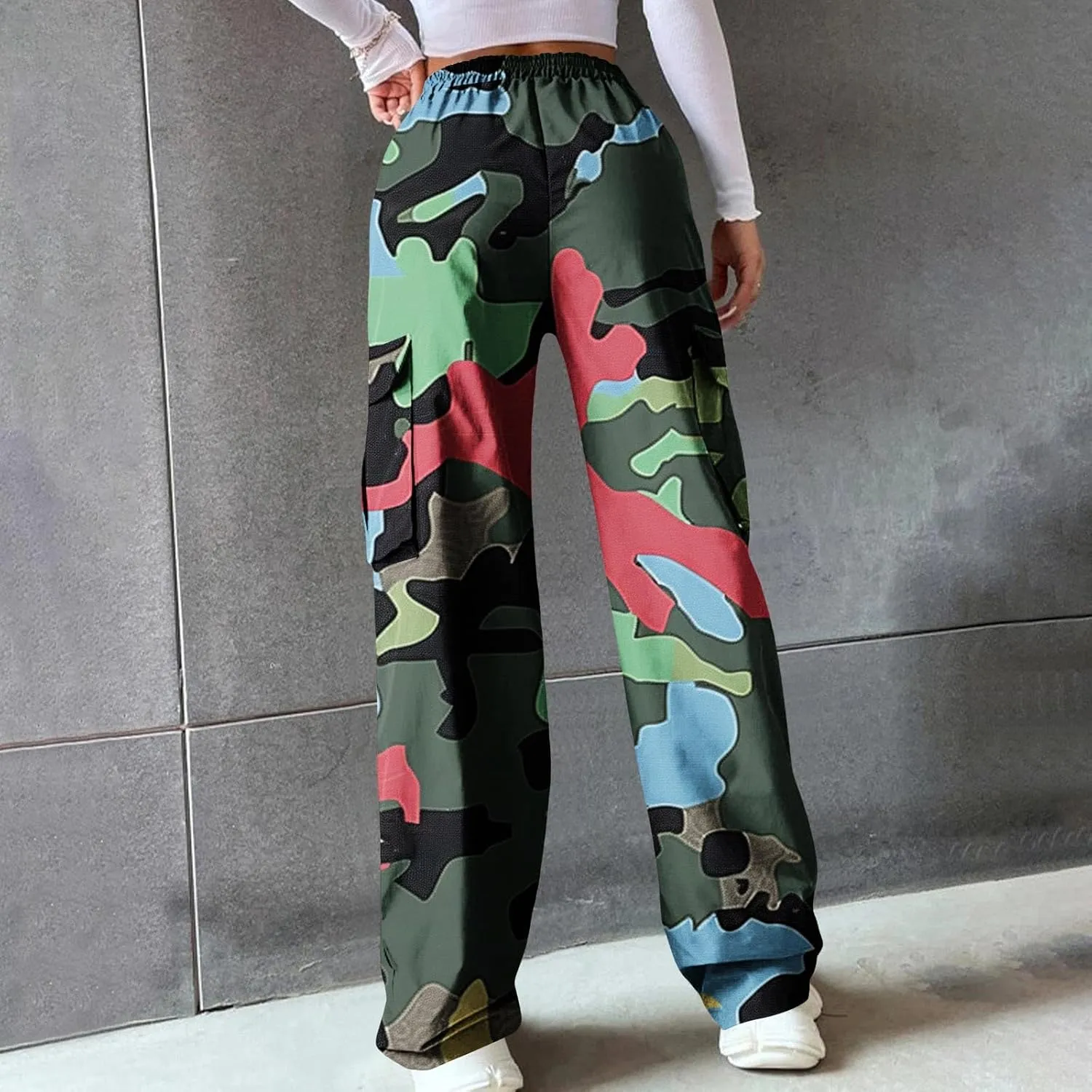 Camo Cargo Pants for Women Casual Drawstring High Waist Parachute Pants Baggy Wide Leg Hiking Pants with Pockets