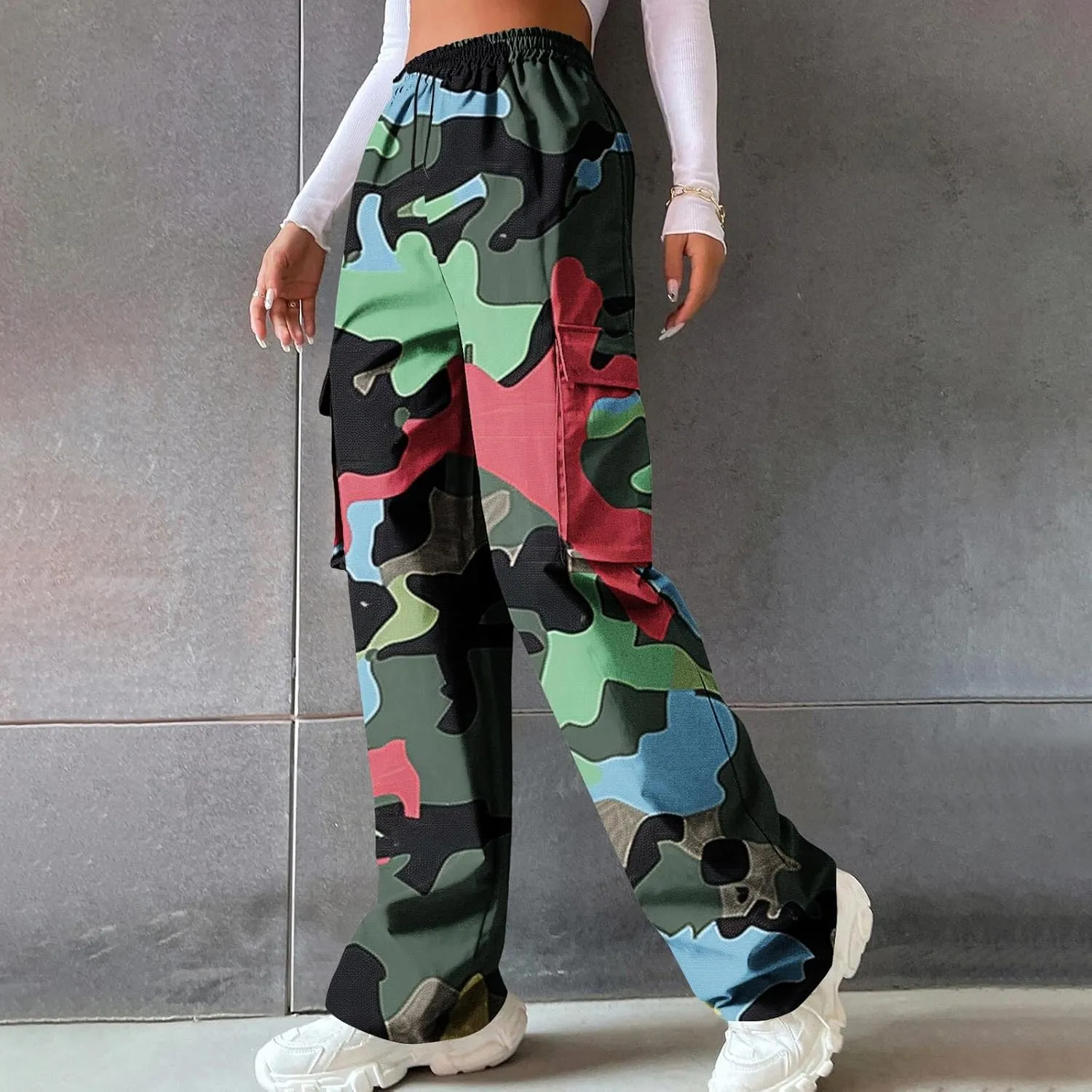 Camo Cargo Pants for Women Casual Drawstring High Waist Parachute Pants Baggy Wide Leg Hiking Pants with Pockets