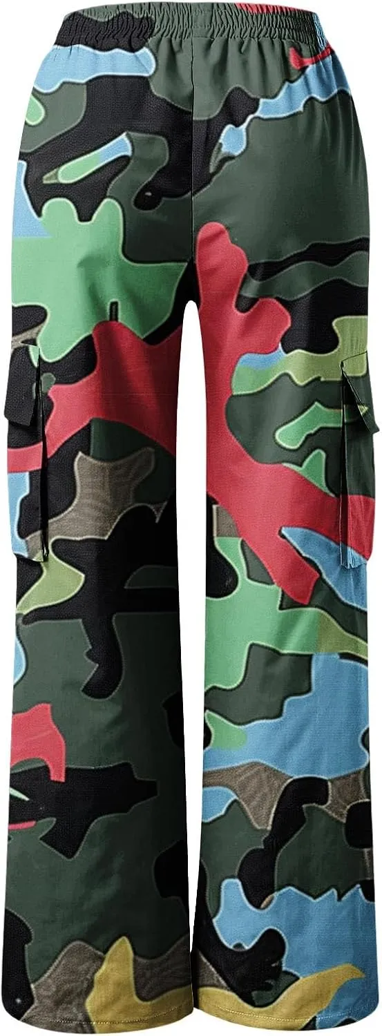 Camo Cargo Pants for Women Casual Drawstring High Waist Parachute Pants Baggy Wide Leg Hiking Pants with Pockets