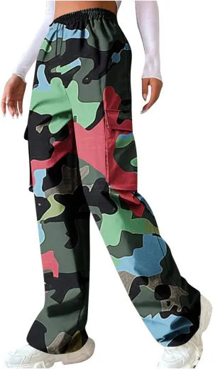 Camo Cargo Pants for Women Casual Drawstring High Waist Parachute Pants Baggy Wide Leg Hiking Pants with Pockets