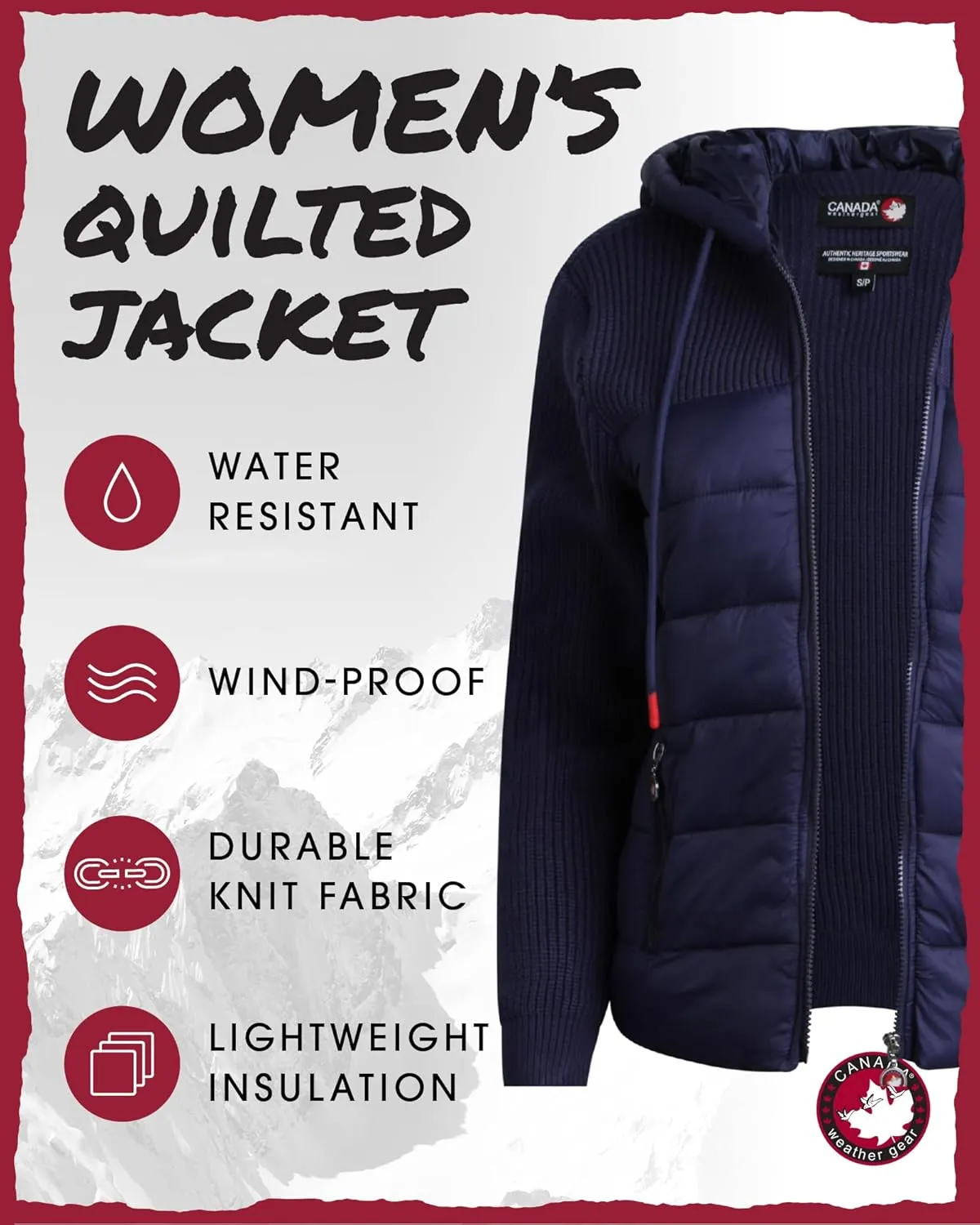 CANADA WEATHER GEAR Women's Lightweight Quilted Jacket - Weather Resistant Winter Jacket with Knitted Sleeves and Yoke (S-XL)