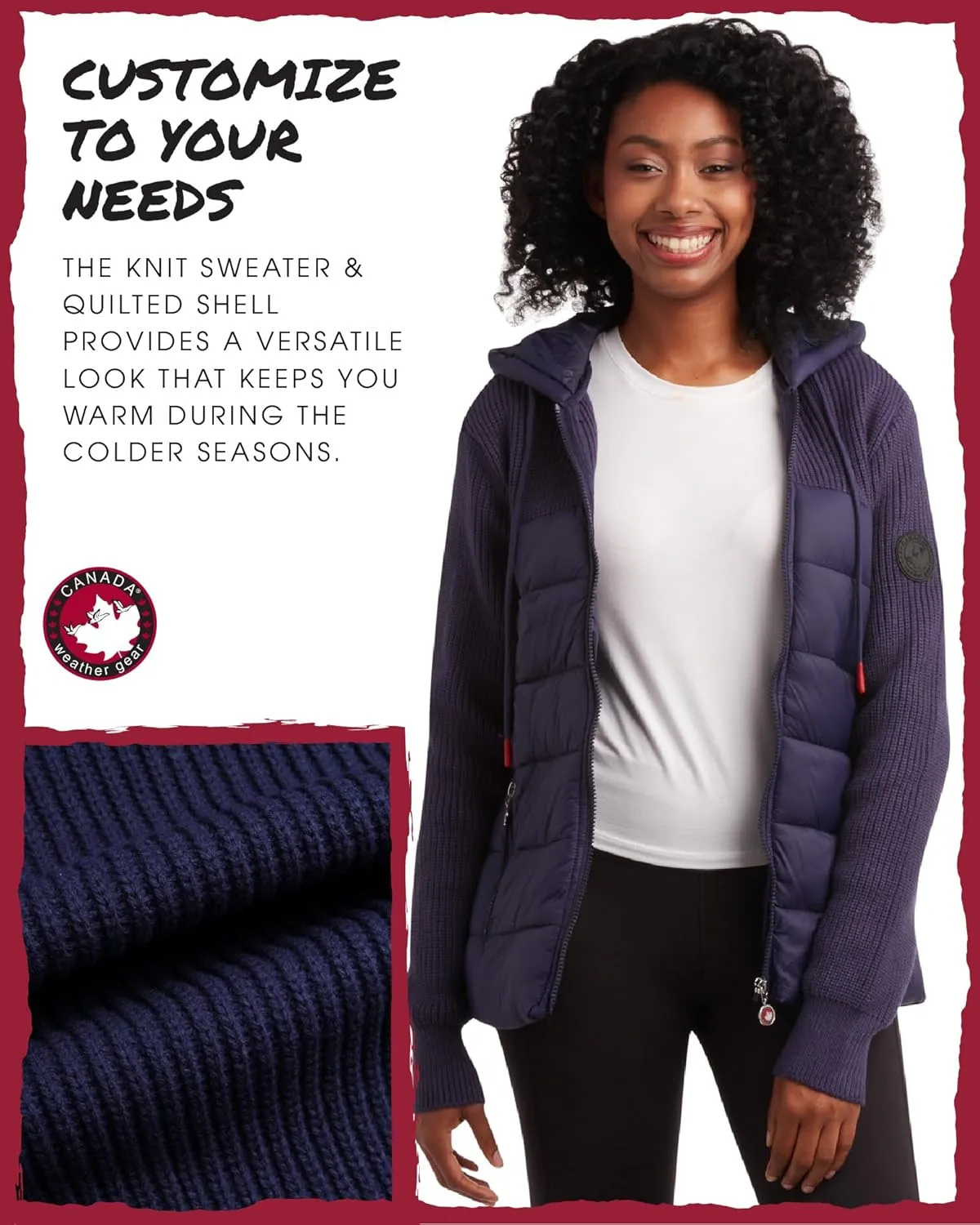 CANADA WEATHER GEAR Women's Lightweight Quilted Jacket - Weather Resistant Winter Jacket with Knitted Sleeves and Yoke (S-XL)
