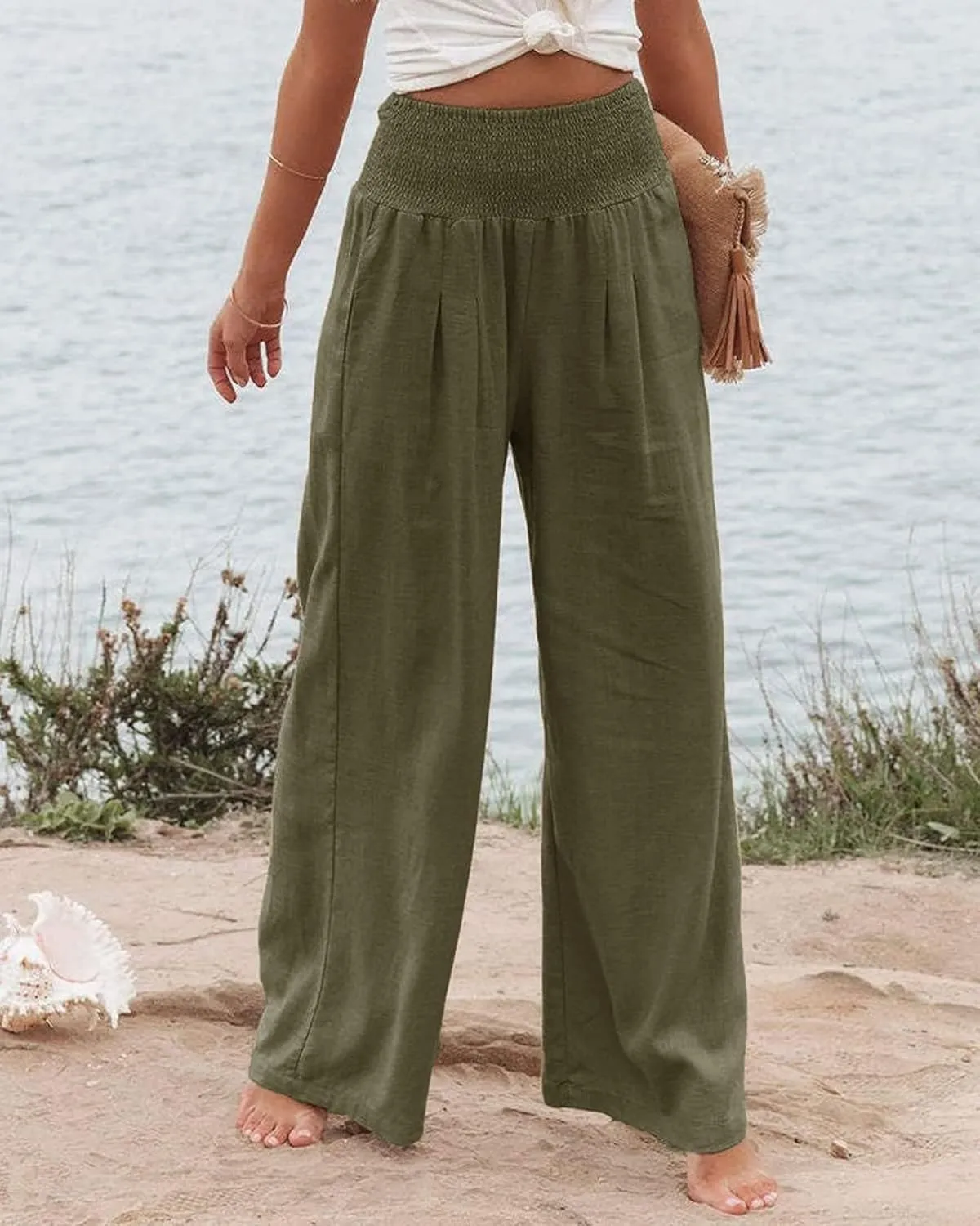 Canbebig Cotton Linen Pants for Women High Waist Wide Leg Pants Summer Casual Palazzo Baggy Lounge Trousers with Pockets