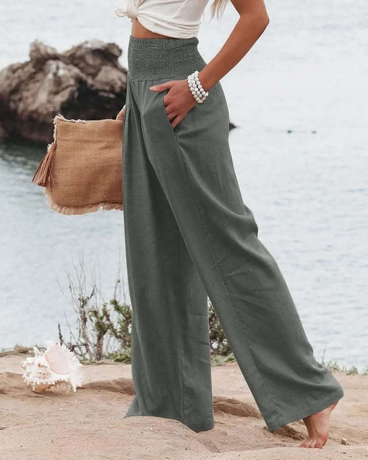 Canbebig Cotton Linen Pants for Women High Waist Wide Leg Pants Summer Casual Palazzo Baggy Lounge Trousers with Pockets