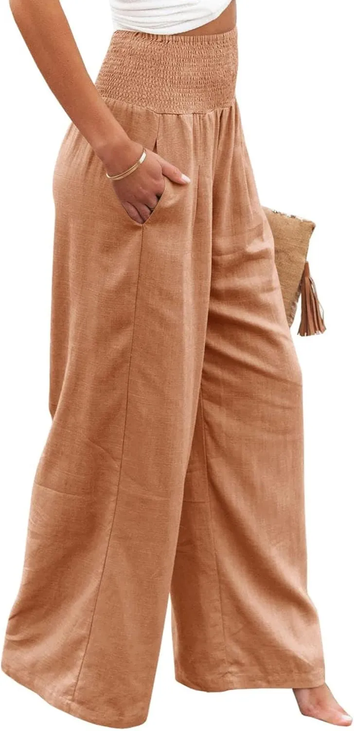 Canbebig Cotton Linen Pants for Women High Waist Wide Leg Pants Summer Casual Palazzo Baggy Lounge Trousers with Pockets