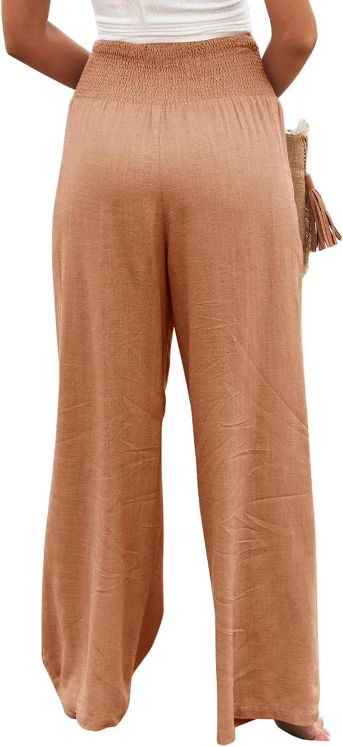 Canbebig Cotton Linen Pants for Women High Waist Wide Leg Pants Summer Casual Palazzo Baggy Lounge Trousers with Pockets