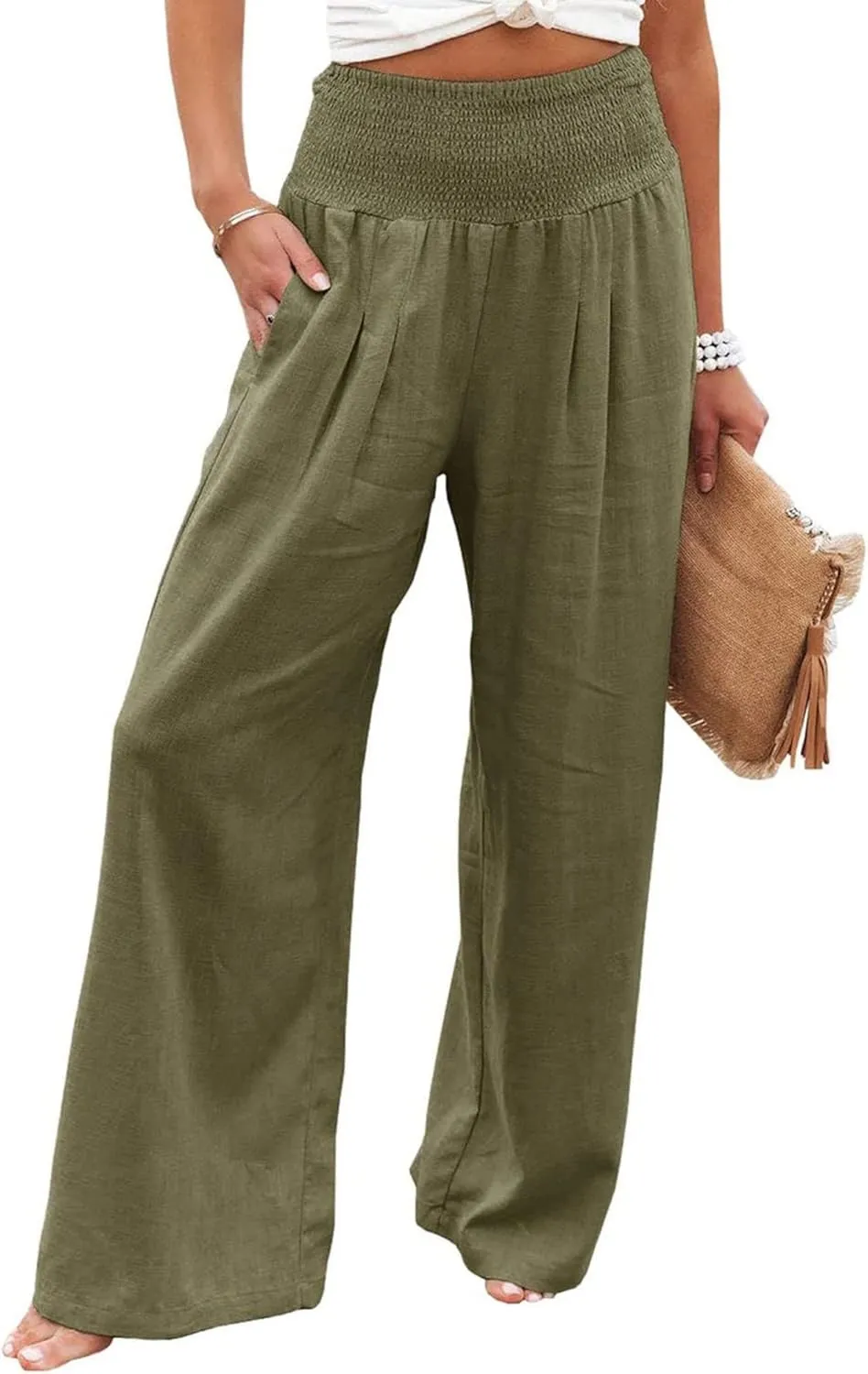 Canbebig Cotton Linen Pants for Women High Waist Wide Leg Pants Summer Casual Palazzo Baggy Lounge Trousers with Pockets