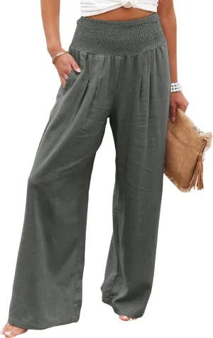 Canbebig Cotton Linen Pants for Women High Waist Wide Leg Pants Summer Casual Palazzo Baggy Lounge Trousers with Pockets