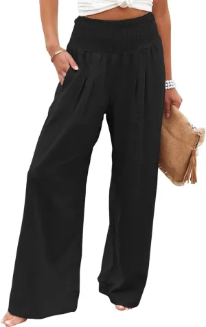 Canbebig Cotton Linen Pants for Women High Waist Wide Leg Pants Summer Casual Palazzo Baggy Lounge Trousers with Pockets
