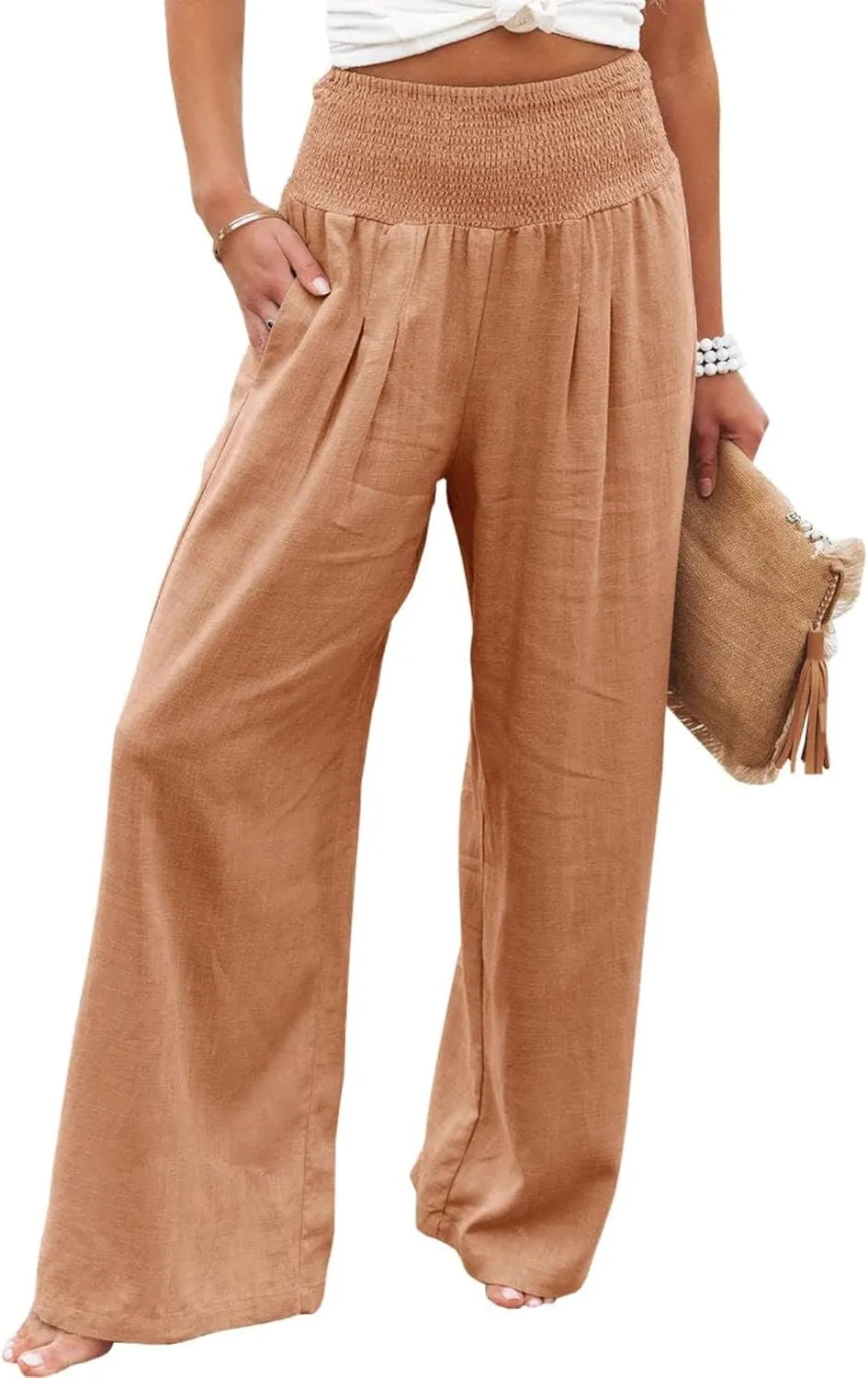 Canbebig Cotton Linen Pants for Women High Waist Wide Leg Pants Summer Casual Palazzo Baggy Lounge Trousers with Pockets
