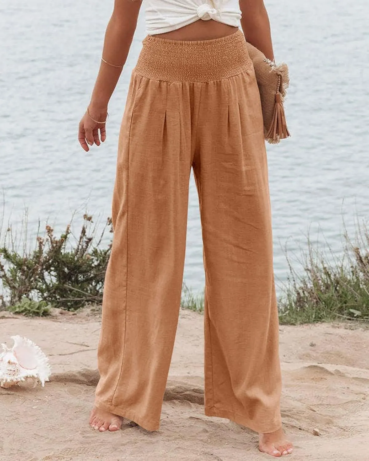 Canbebig Cotton Linen Pants for Women High Waist Wide Leg Pants Summer Casual Palazzo Baggy Lounge Trousers with Pockets