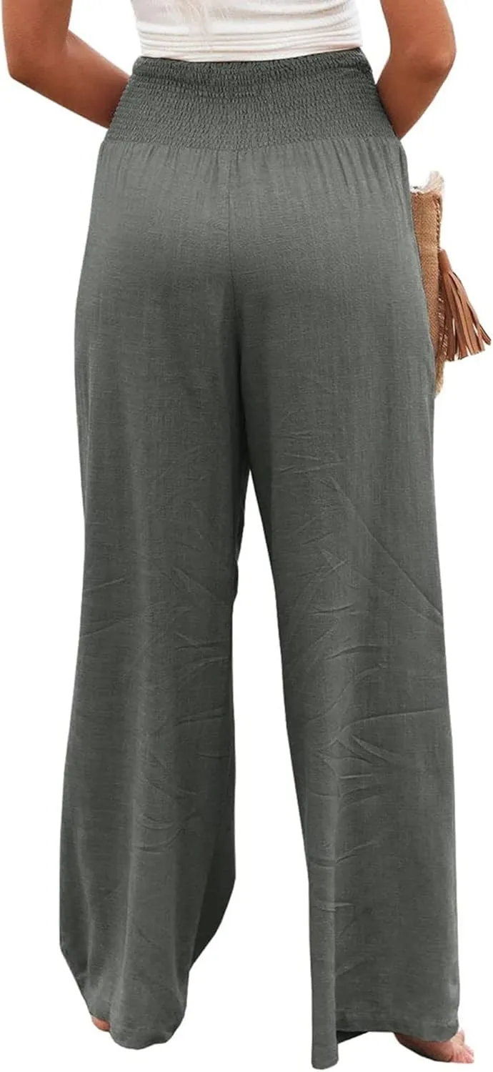 Canbebig Cotton Linen Pants for Women High Waist Wide Leg Pants Summer Casual Palazzo Baggy Lounge Trousers with Pockets