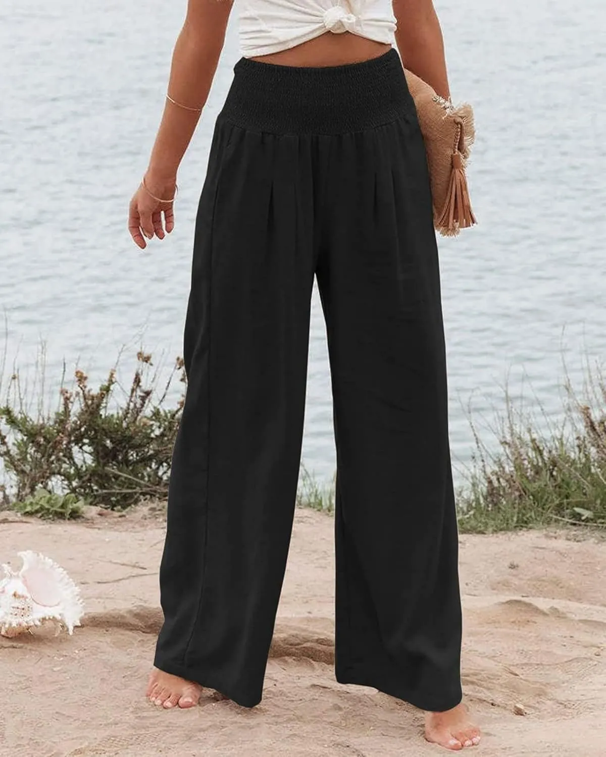 Canbebig Cotton Linen Pants for Women High Waist Wide Leg Pants Summer Casual Palazzo Baggy Lounge Trousers with Pockets