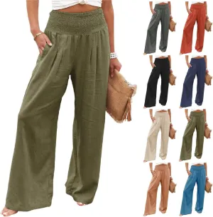 Canbebig Cotton Linen Pants for Women High Waist Wide Leg Pants Summer Casual Palazzo Baggy Lounge Trousers with Pockets