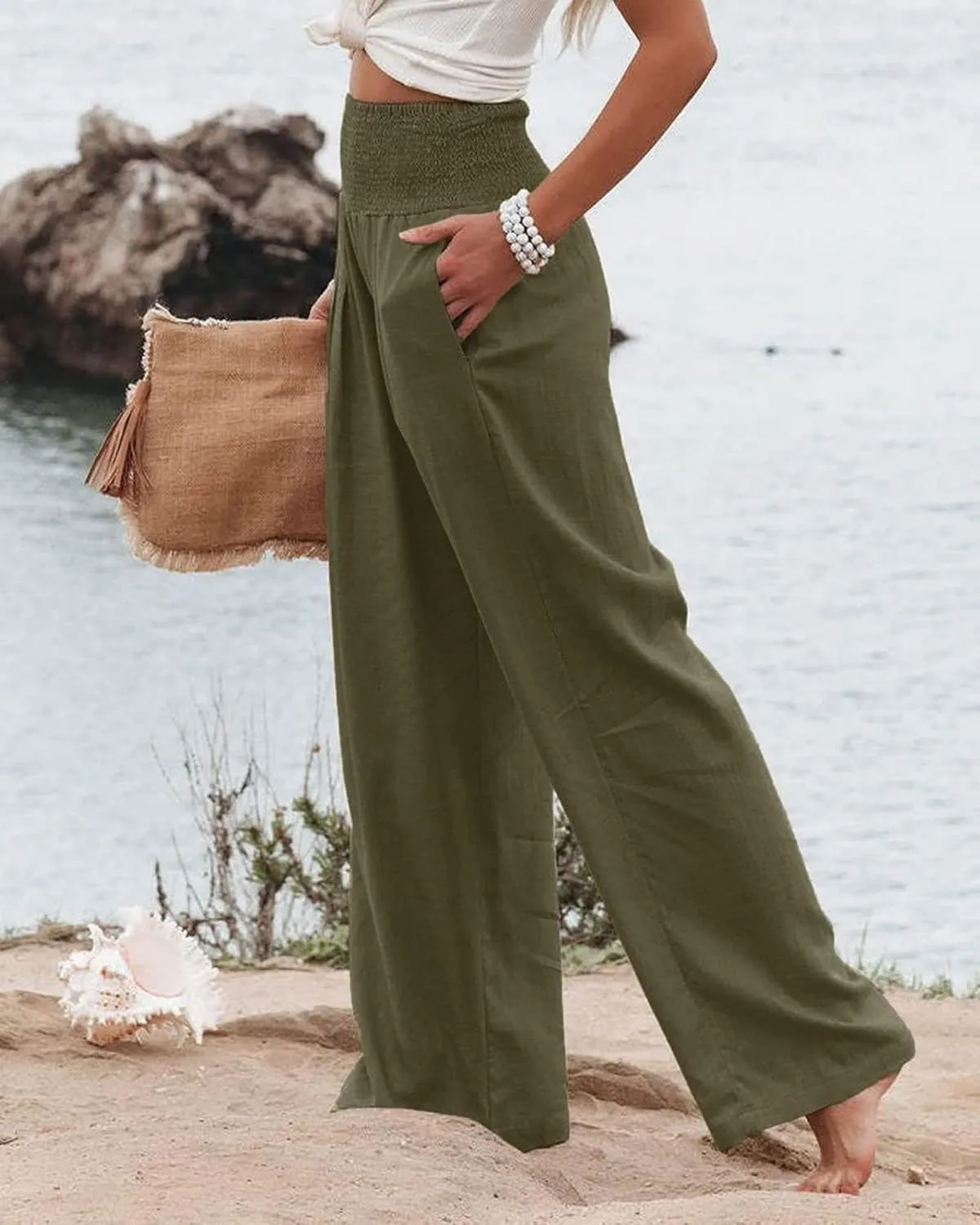Canbebig Cotton Linen Pants for Women High Waist Wide Leg Pants Summer Casual Palazzo Baggy Lounge Trousers with Pockets