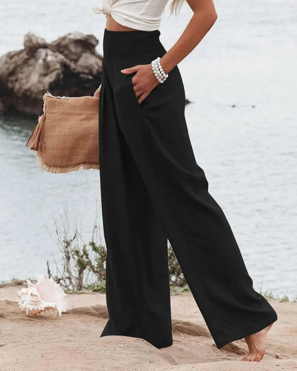 Canbebig Cotton Linen Pants for Women High Waist Wide Leg Pants Summer Casual Palazzo Baggy Lounge Trousers with Pockets