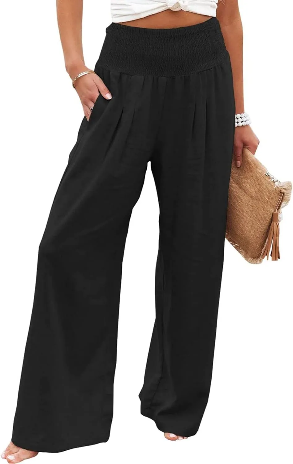 Canbebig Cotton Linen Pants for Women High Waist Wide Leg Pants Summer Casual Palazzo Baggy Lounge Trousers with Pockets