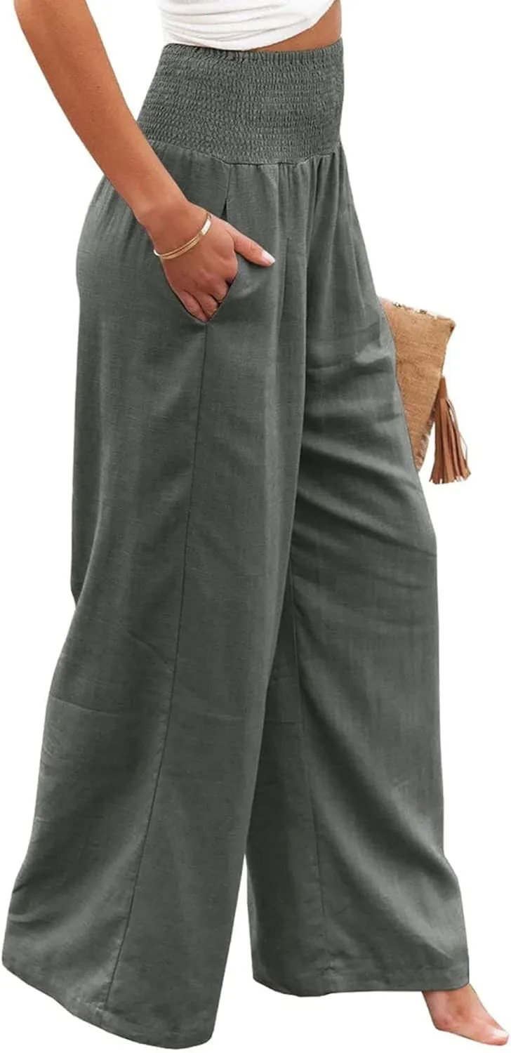 Canbebig Cotton Linen Pants for Women High Waist Wide Leg Pants Summer Casual Palazzo Baggy Lounge Trousers with Pockets