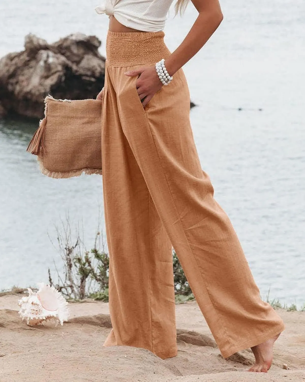 Canbebig Cotton Linen Pants for Women High Waist Wide Leg Pants Summer Casual Palazzo Baggy Lounge Trousers with Pockets