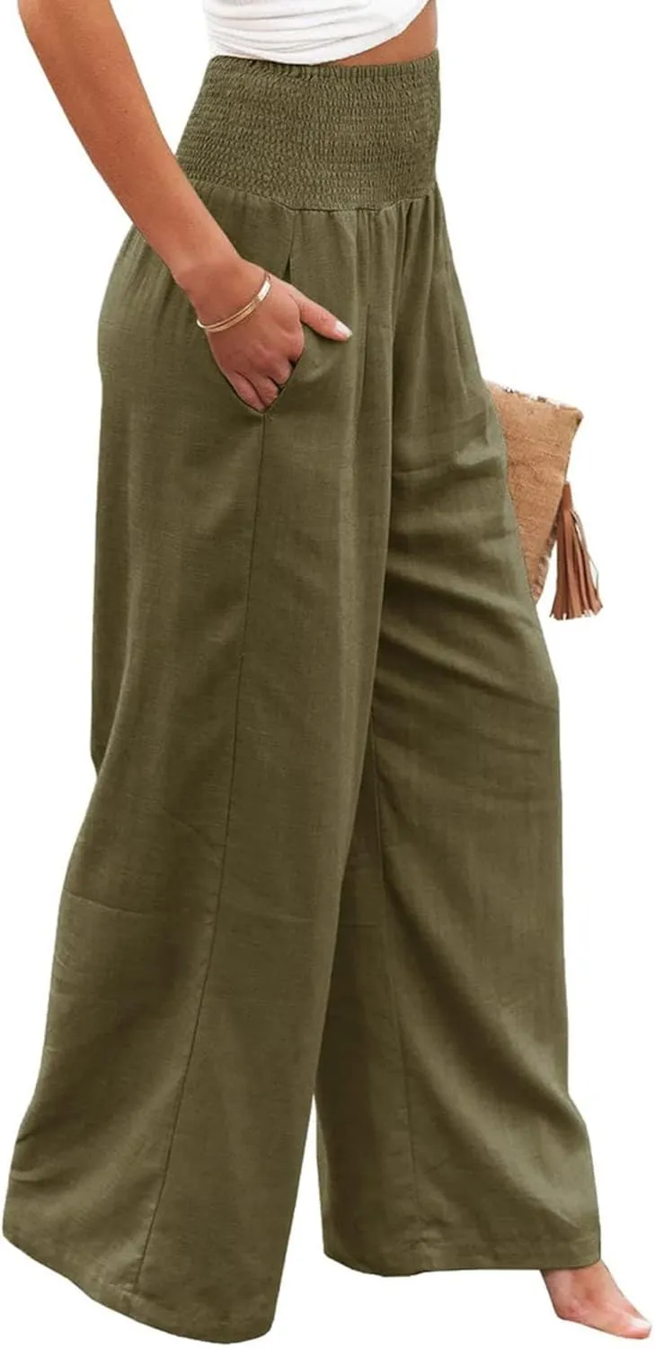Canbebig Cotton Linen Pants for Women High Waist Wide Leg Pants Summer Casual Palazzo Baggy Lounge Trousers with Pockets
