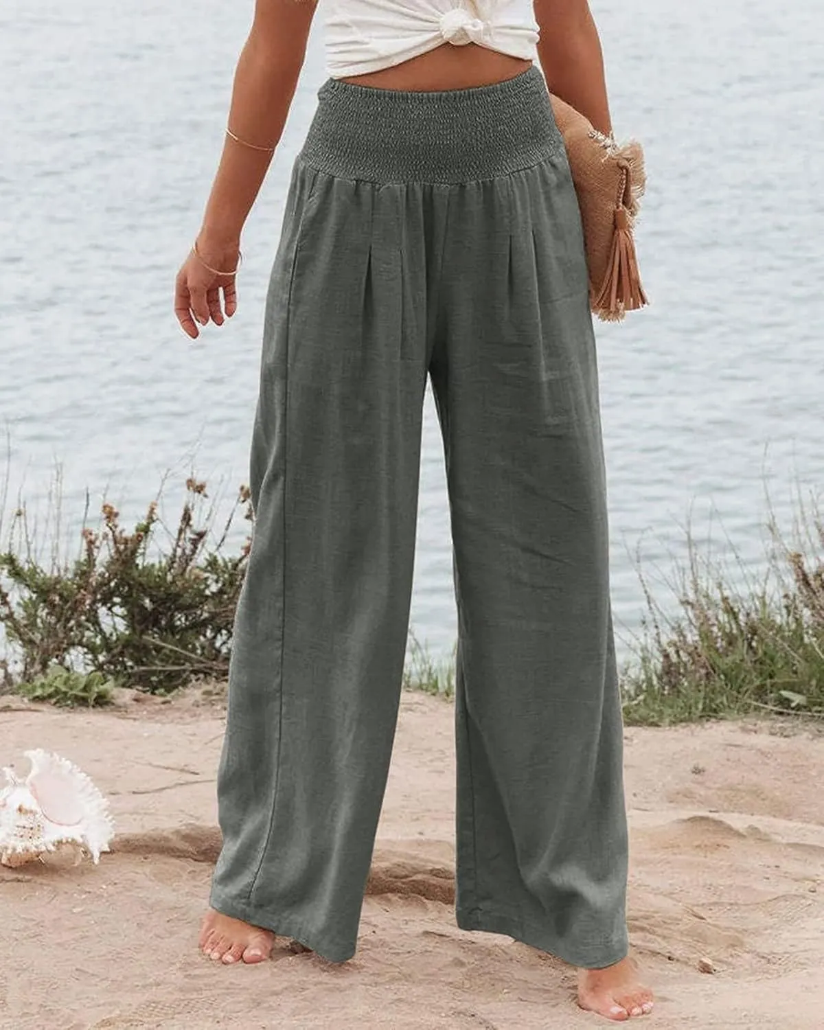Canbebig Cotton Linen Pants for Women High Waist Wide Leg Pants Summer Casual Palazzo Baggy Lounge Trousers with Pockets
