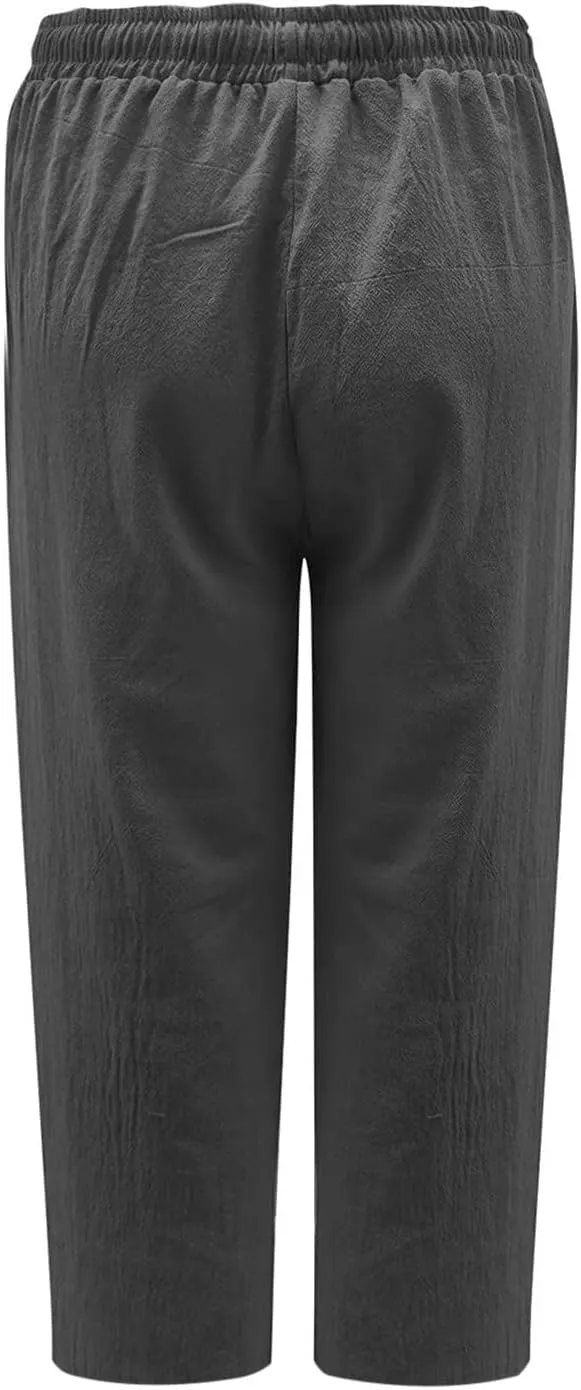 Capri Pants for Women Summer Drawstring Elastic High Waist Cotton Linen Wide Leg Trouser, Small-5X-Large