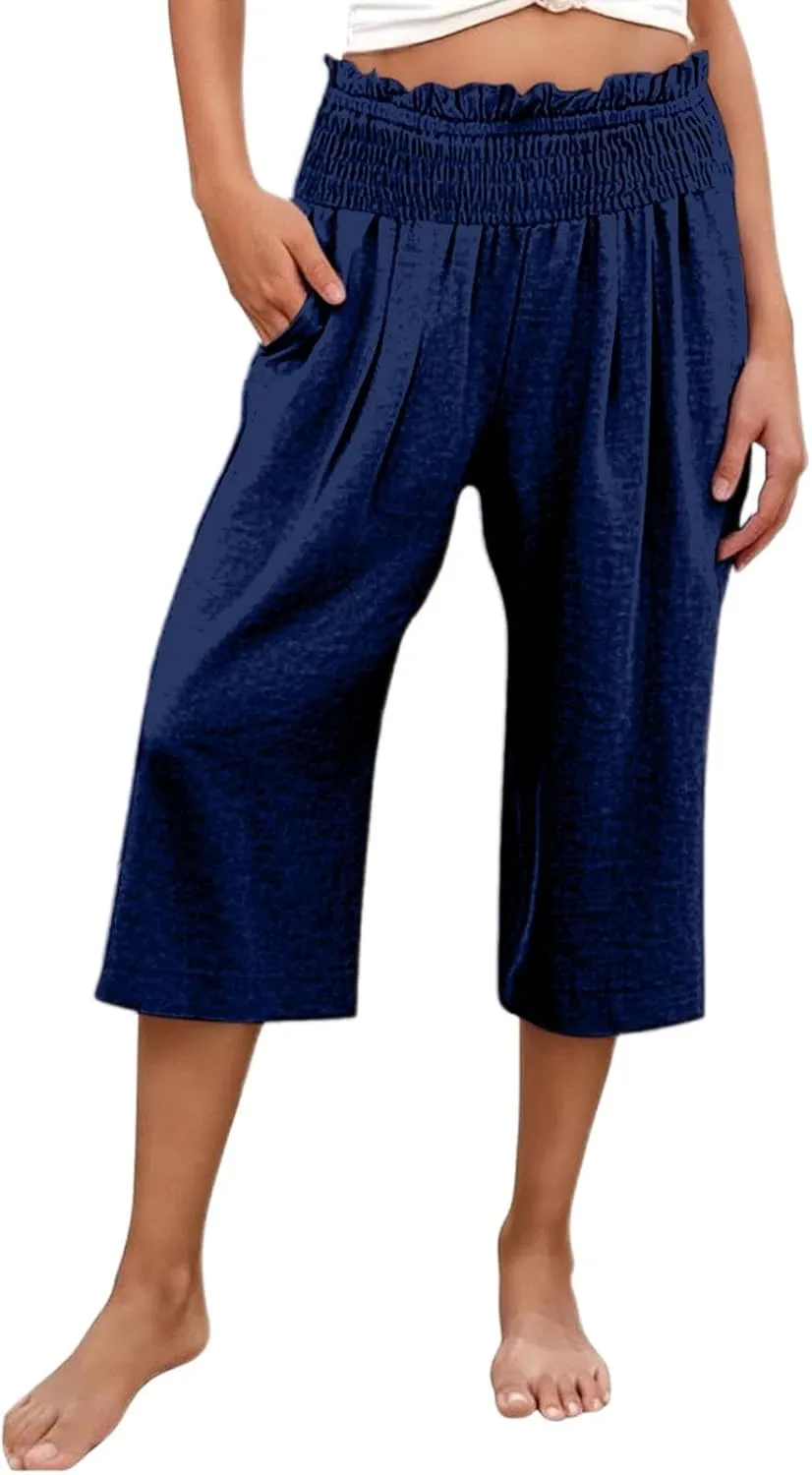Cargo Capris for Women Casual 2025 Summer Drawstring Elastic High Waist Linen Pants Cropped Comfy Trousers